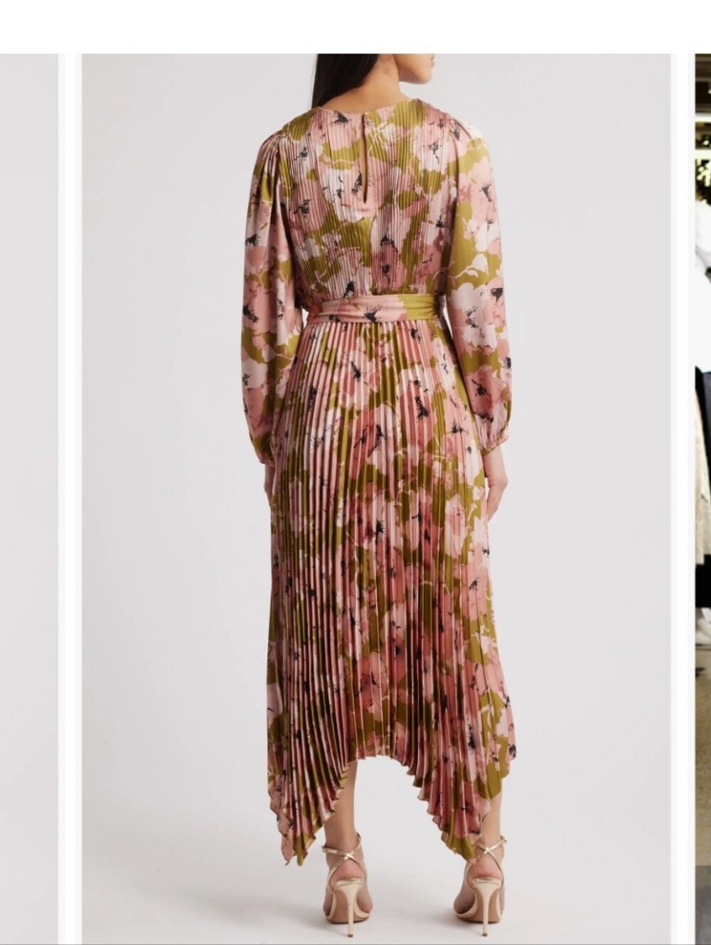 MELLODAY Pink Floral Pleated High-Low Midi Dress with Olive Accents - Picture 5 of 10